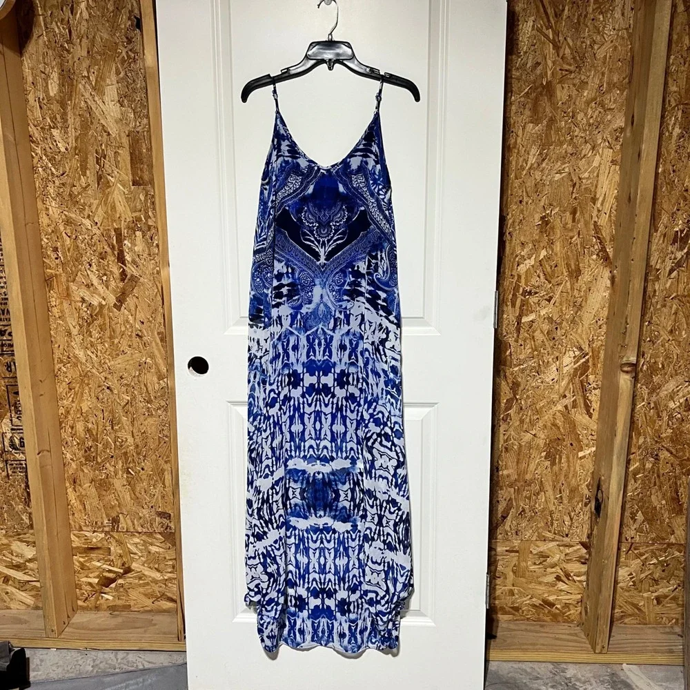 Express Blue White Paisley Geometric Maxi Dress V-Neck Spaghetti Strap Small